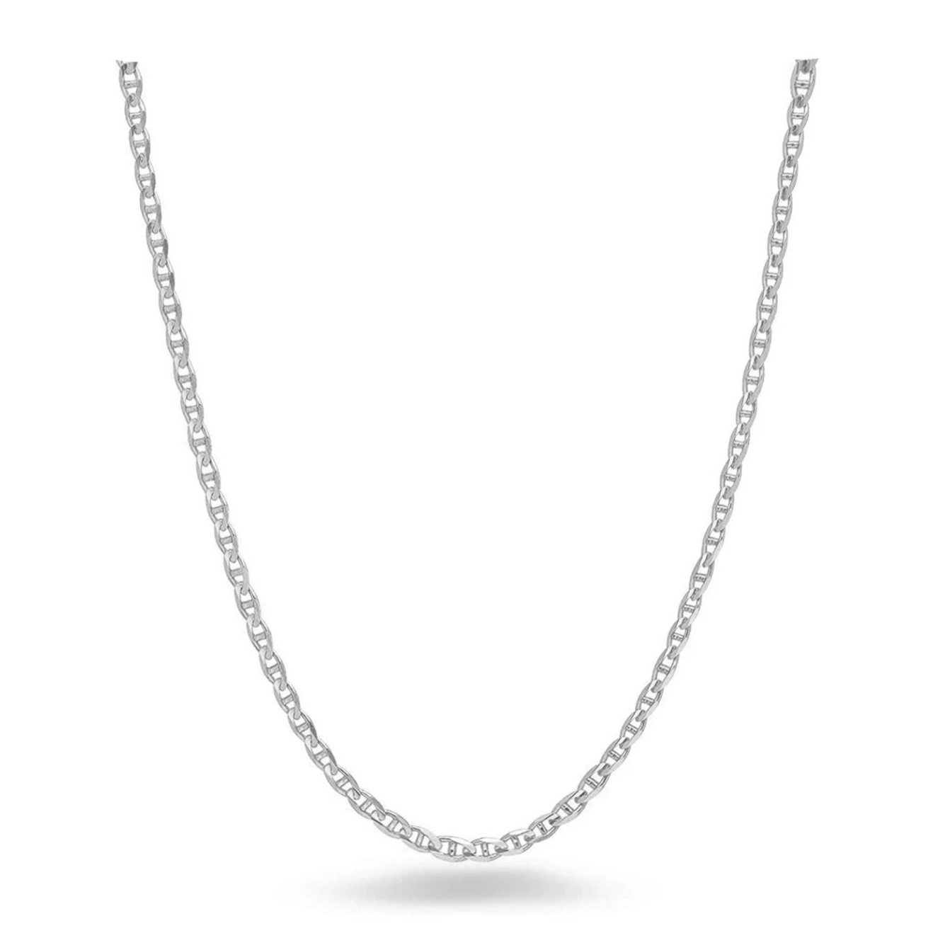 A silver chain necklace with interlocking links displayed against a white background.