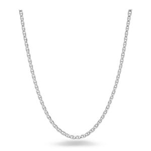 A silver chain necklace with interlocking links displayed against a white background.