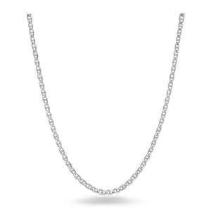 A silver chain necklace with interlocking links displayed against a white background.