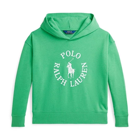 Green hoodie with \“Polo Ralph Lauren\“ and a horse logo printed in white.