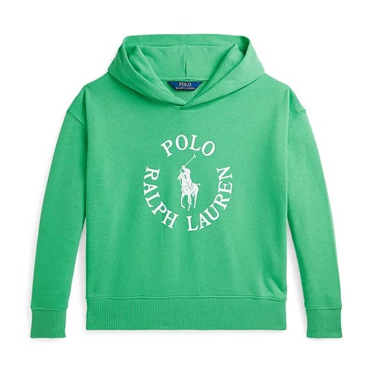 Green hoodie with \“Polo Ralph Lauren\“ and a horse logo printed in white.