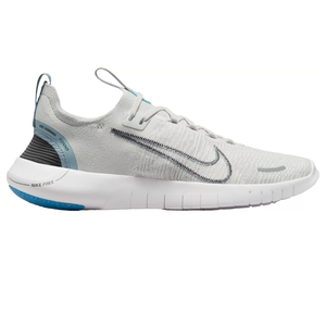 White Nike Free running shoe with a light blue accent on the heel and a blue patch on the outsole.