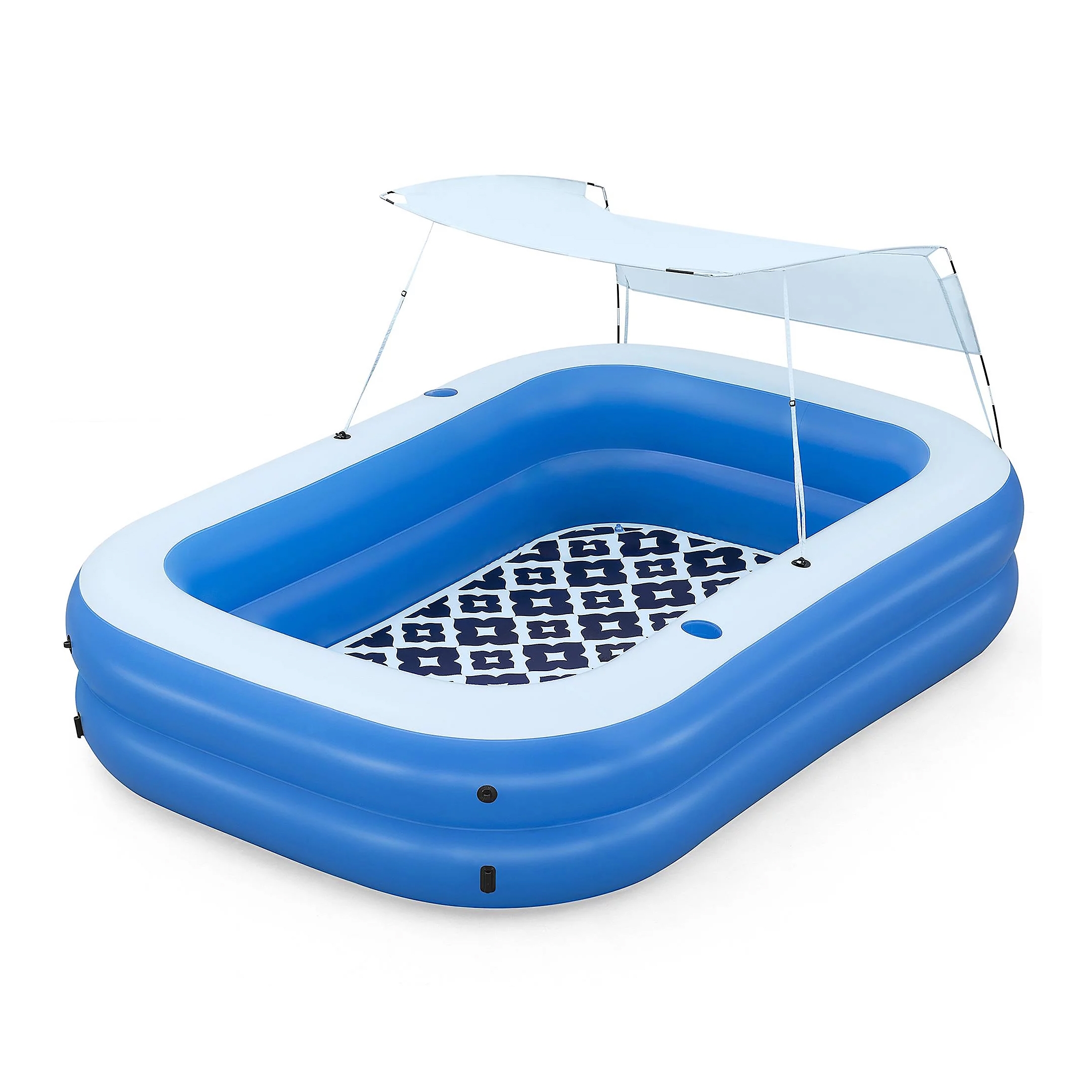 8' inflatable pool with a blue and white design, featuring a detachable sunshade canopy and an patterned floor.