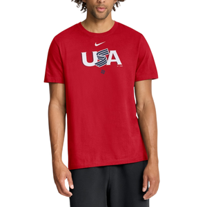 A red Nike t-shirt featuring a \“USA\“ graphic with a stylized flag design.