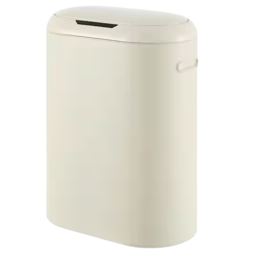 A beige trash can with a sleek, oval design, featuring a closed lid and side handle.