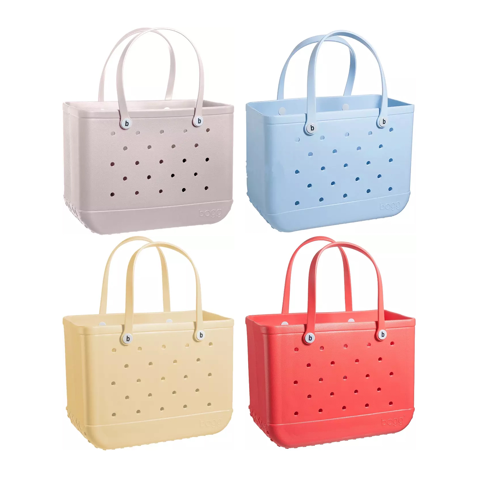 Four perforated tote bags in different colors: grey, blue, yellow, and red.