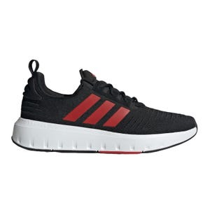Black athletic shoe with red stripes and a white sole.