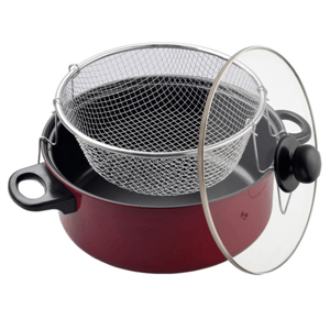 Red cooking pot with black handles, accompanied by a mesh frying basket and a glass lid with a black knob.