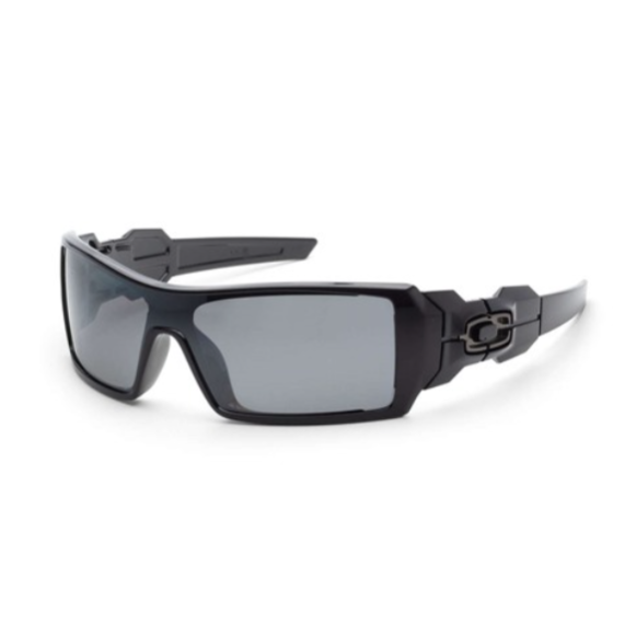 Black sunglasses with a wraparound design and dark tinted lenses, featuring a prominent logo on the temple.