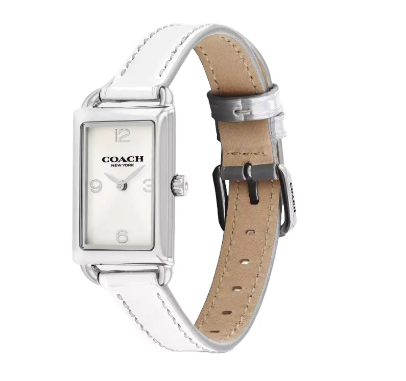 Coach New York women's rectangular silver-tone watch with a white leather strap and a minimalist dial featuring Arabic numerals at 12, 3, 6, and 9.