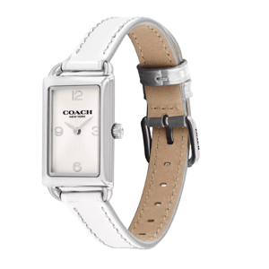Coach New York women's rectangular silver-tone watch with a white leather strap and a minimalist dial featuring Arabic numerals at 12, 3, 6, and 9.