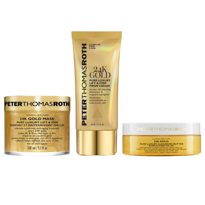This 3-piece set includes a 24K Gold Mask (150 ml), a 24K Gold Lift & Firm Prism Cream (50 ml), and a 24K Gold Cleansing Butter. These skincare products feature luxurious formulas aimed at firming and illuminating the skin.