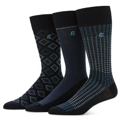 Three pairs of patterned socks in black and blue tones, each featuring unique geometric designs.