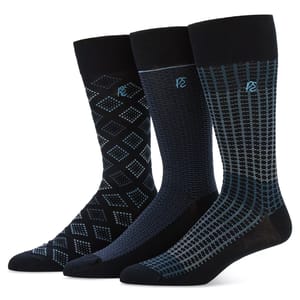 Three pairs of patterned socks in black and blue tones, each featuring unique geometric designs.