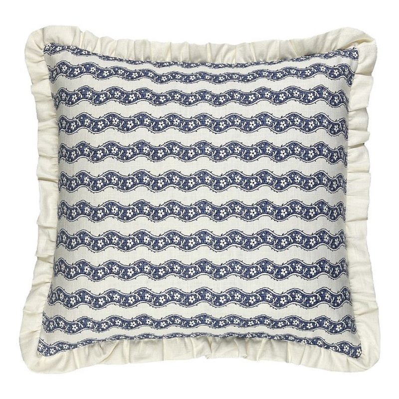 Square cushion with a blue wavy pattern and small floral designs on a white background, featuring a ruffled edge.