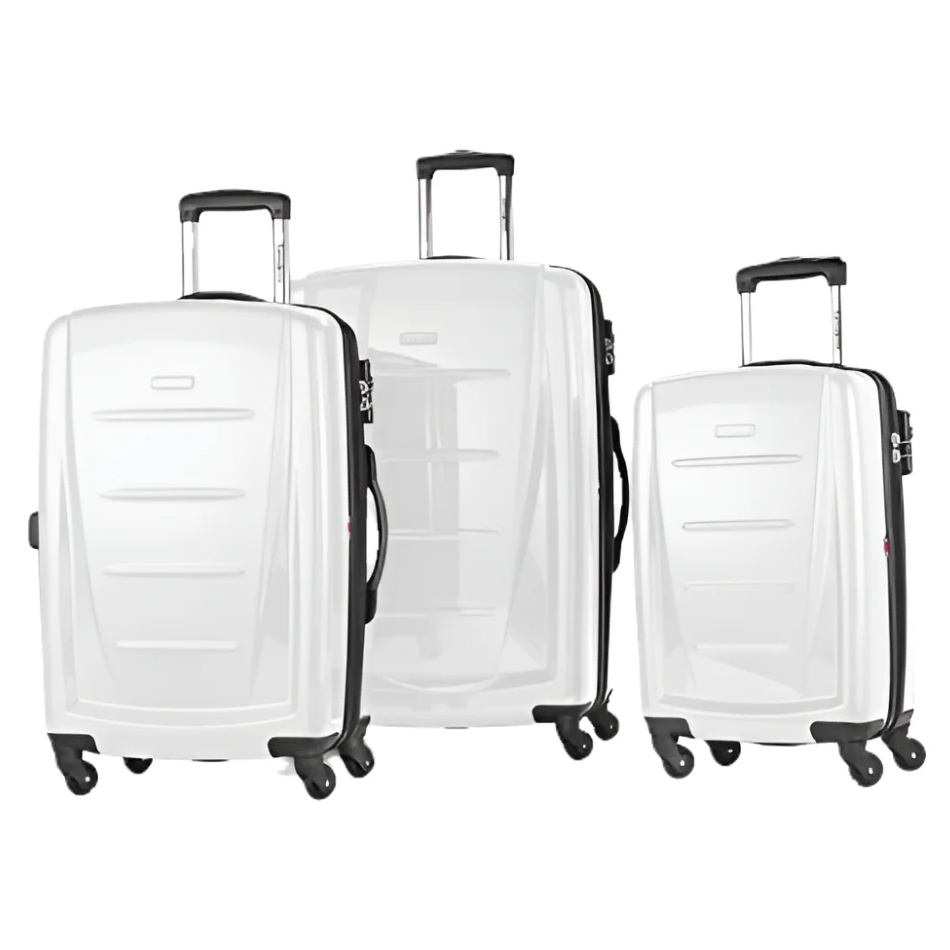 Samsonite 3-piece hardside luggage set in white includes three suitcases with telescopic handles and four spinner wheels each. The design features horizontal grooves for added style and durability.