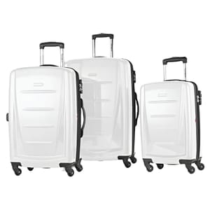 Samsonite 3-piece hardside luggage set in white includes three suitcases with telescopic handles and four spinner wheels each. The design features horizontal grooves for added style and durability.