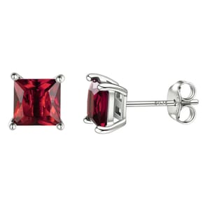 Square-cut red gemstone stud earrings set in silver with a secure four-prong setting and butterfly backings, marked with \“925\“ for sterling silver.