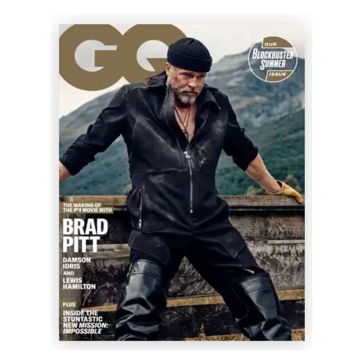 A GQ magazine cover featuring someone in a rugged black leather outfit with a beanie. Text highlights articles on the making of an F1 movie with named individuals and a new Mission: Impossible feature.