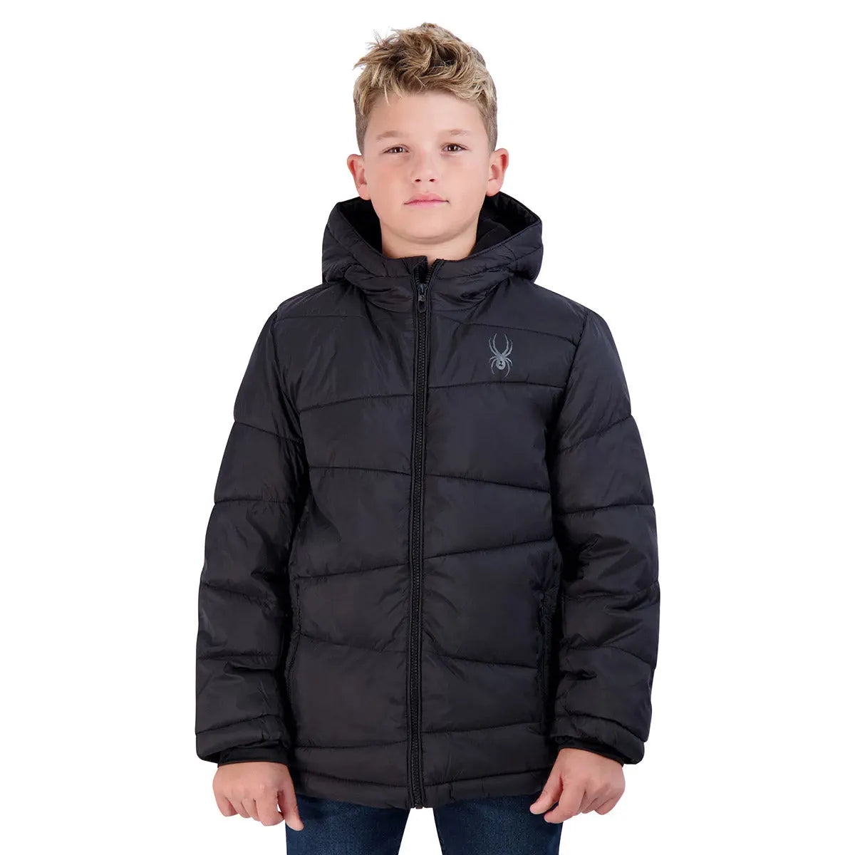 A black boys' puffy jacket with a hood and a small, white Spyder logo on the left chest.