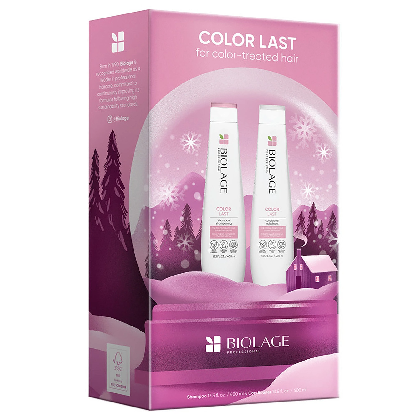 Biolage Color Last set includes a 13.5 fl. oz. shampoo and conditioner duo designed for color-treated hair, packaged in a pink winter-themed box with snowflakes and trees.