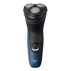 A Philips Norelco 2000 Series cordless electric shaver with three circular blades at the top, a power button on the front, and a textured black and blue grip.