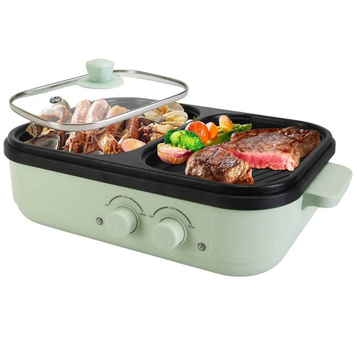 A multi-functional electric grill and hot pot combined, featuring dual temperature control dials, a transparent lid, and compartments for grilling meats and vegetables or steaming seafood.