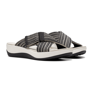 A pair of striped sandals with an open-toe design and a thick, cushioned sole.