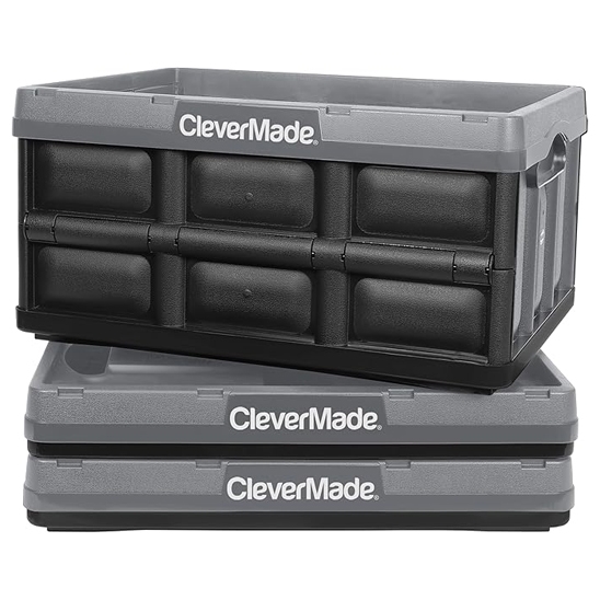 CleverMade Collapsible Storage Bins 3pk feature stackable, collapsible bins in gray and black with a sturdy design for organizing space-saving storage.