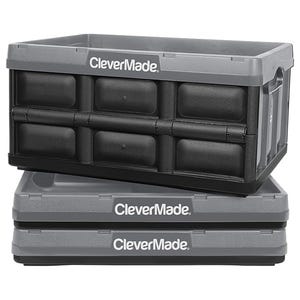 CleverMade Collapsible Storage Bins 3pk feature stackable, collapsible bins in gray and black with a sturdy design for organizing space-saving storage.