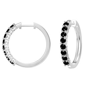 A pair of silver hoop earrings with black gemstones set in a channel setting.
