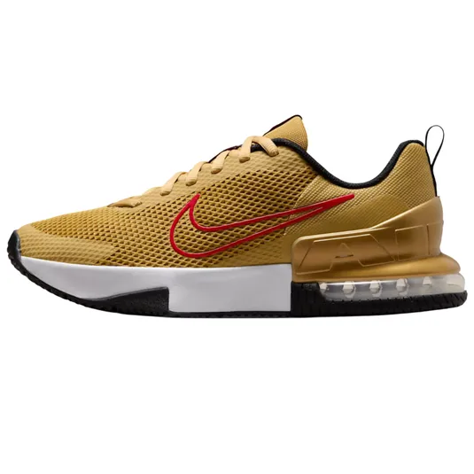 Yellow Nike Air Max shoe with red Swoosh, black and white sole, and a transparent air cushion in the heel.