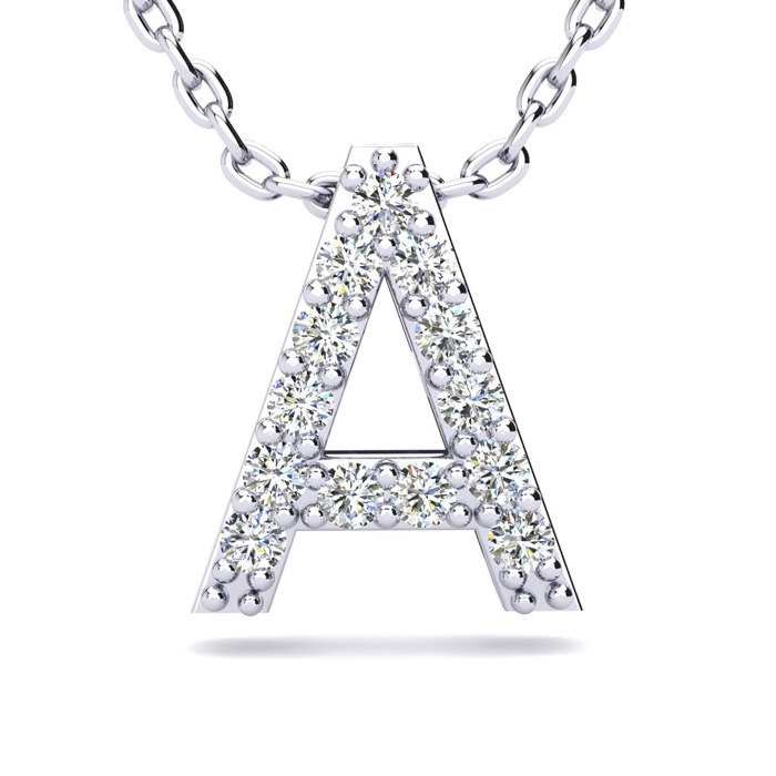 A silver necklace featuring a pendant shaped like the letter \“A,\“ adorned with sparkling diamonds.