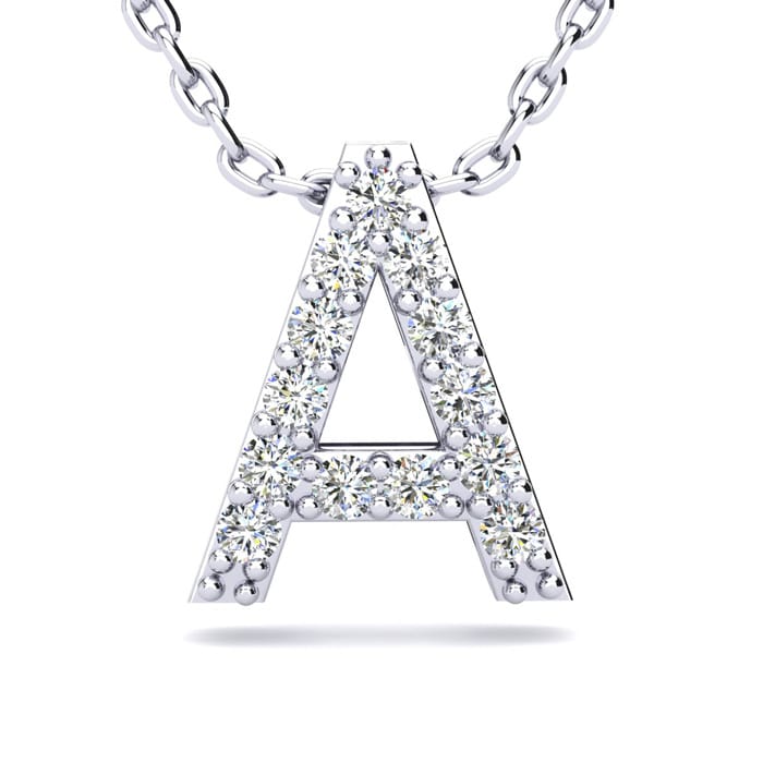 A silver necklace featuring a pendant shaped like the letter \“A,\“ adorned with sparkling diamonds.