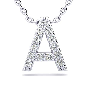 A silver necklace featuring a pendant shaped like the letter \“A,\“ adorned with sparkling diamonds.