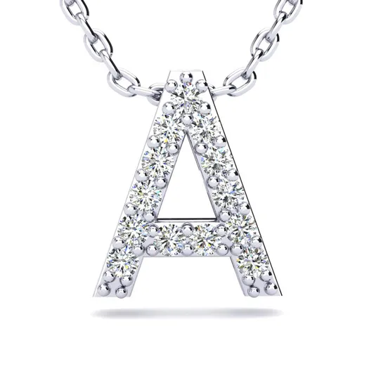 A silver necklace featuring a pendant shaped like the letter \“A,\“ adorned with sparkling diamonds.