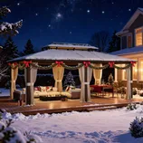 A snow-covered outdoor gazebo is adorned with festive garlands, red bows, and a cozy seating area around a fire pit. A nearby table is set for dining, surrounded by a winter landscape under a starlit sky.