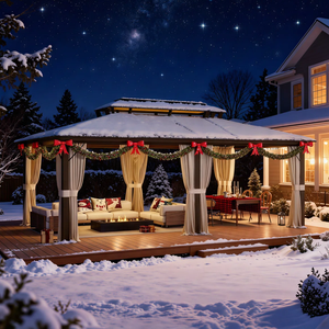 A snow-covered outdoor gazebo is adorned with festive garlands, red bows, and a cozy seating area around a fire pit. A nearby table is set for dining, surrounded by a winter landscape under a starlit sky.