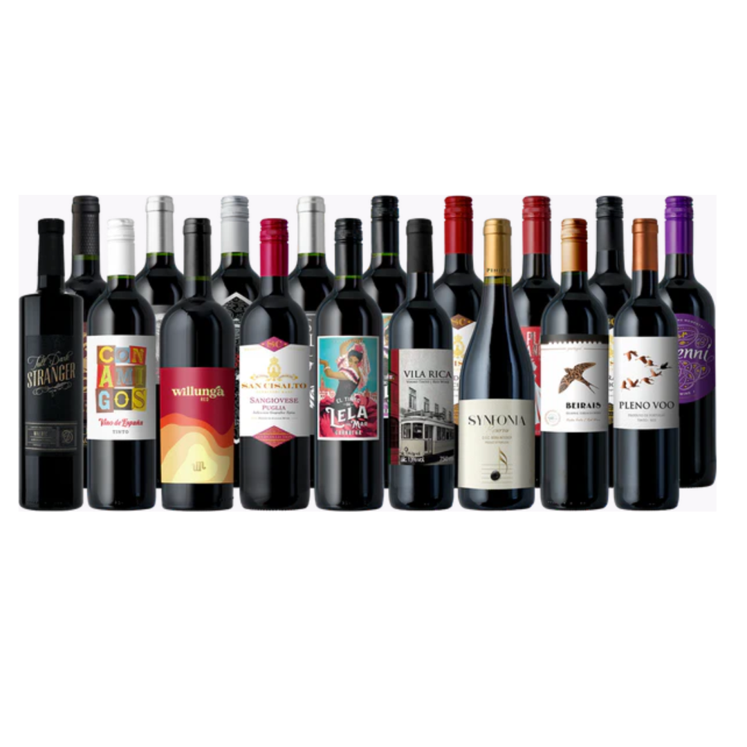 A selection of 15 different wine bottles, featuring red wines from various regions, showcasing diverse labels and designs.