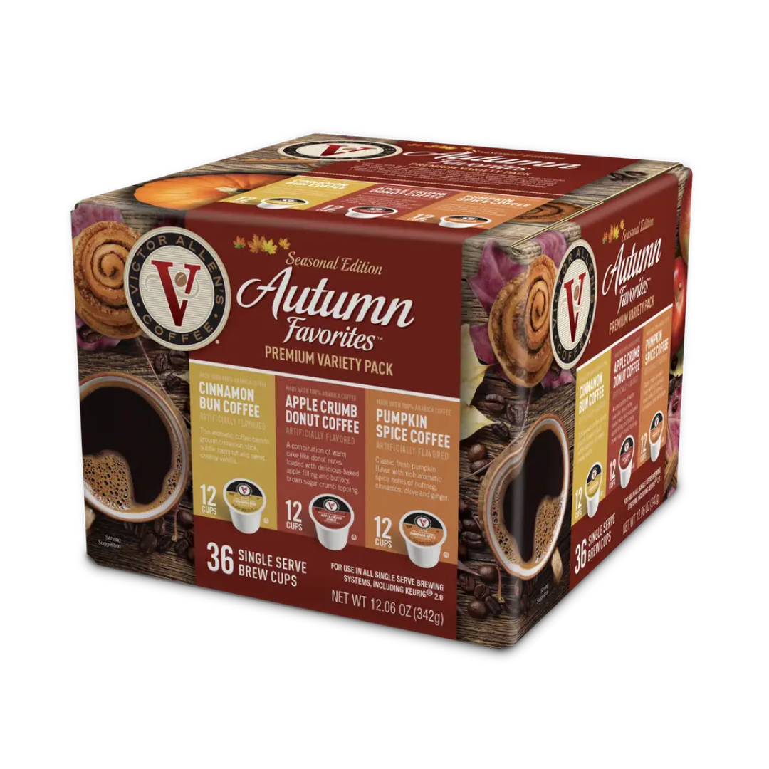 Seasonal Edition \“Autumn Favorites\“ premium variety pack of 36 single-serve coffee cups in three flavors: Cinnamon Bun, Apple Crumb Donut, and Pumpkin Spice.