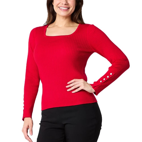 Red square neck ribbed sweater with long sleeves, featuring button accents on the lower sleeves.