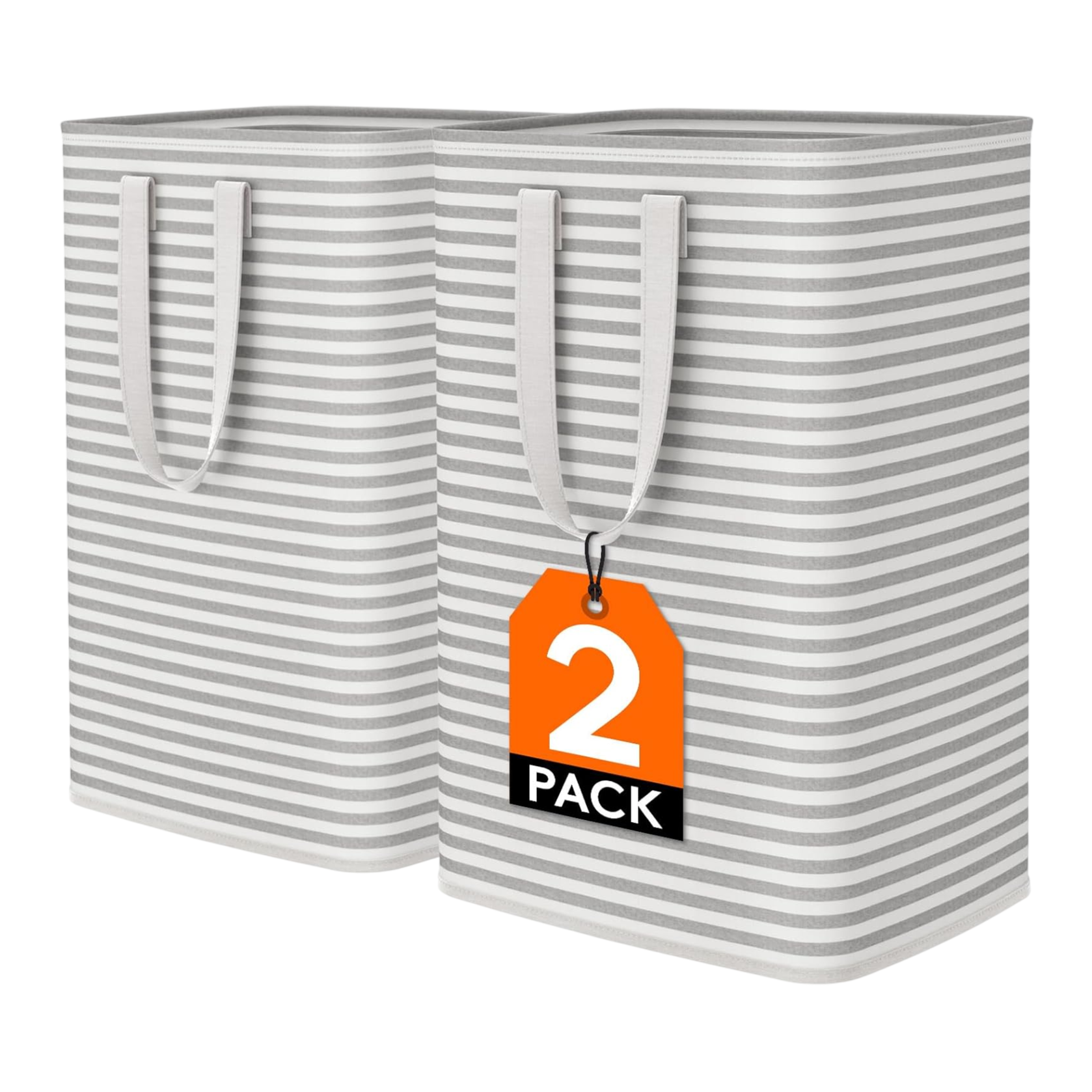 Two rectangular laundry hampers with gray and white horizontal stripes, featuring handles and labeled as a \“2 Pack.\“