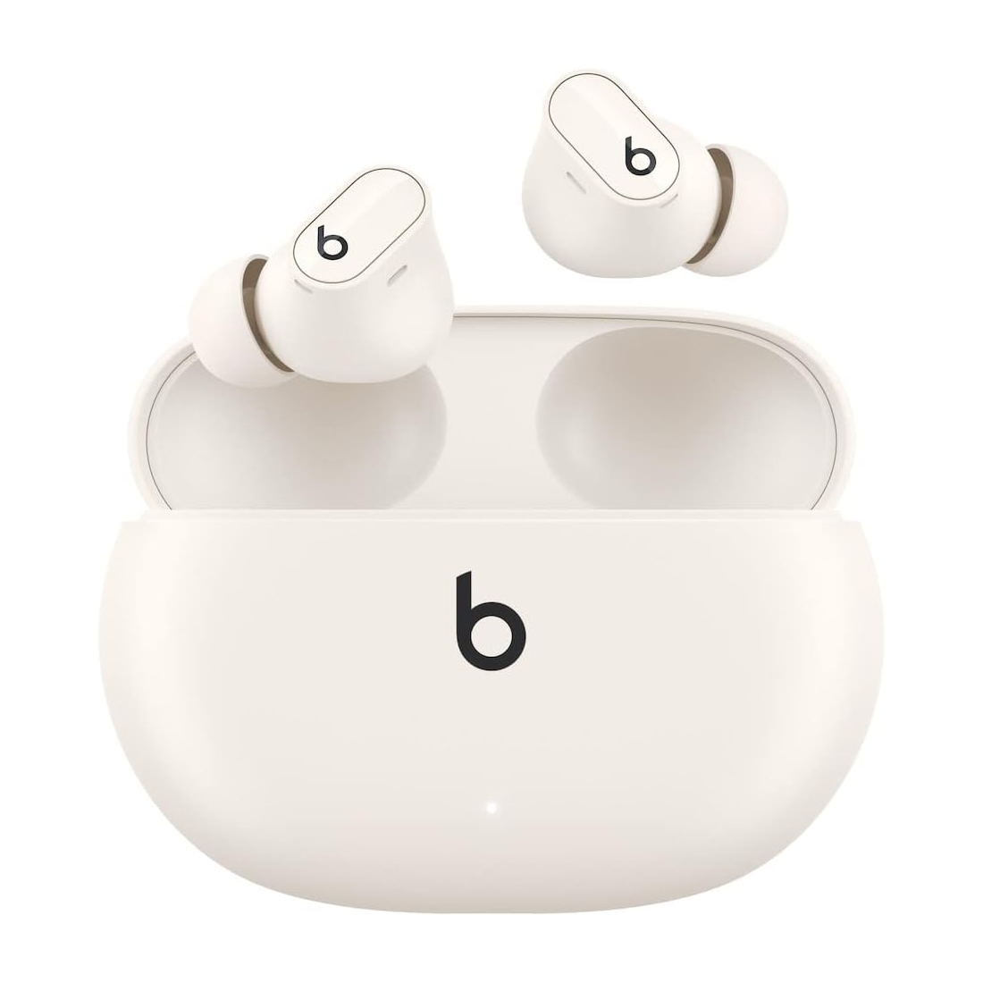 White wireless earbuds with a charging case featuring the Beats logo.