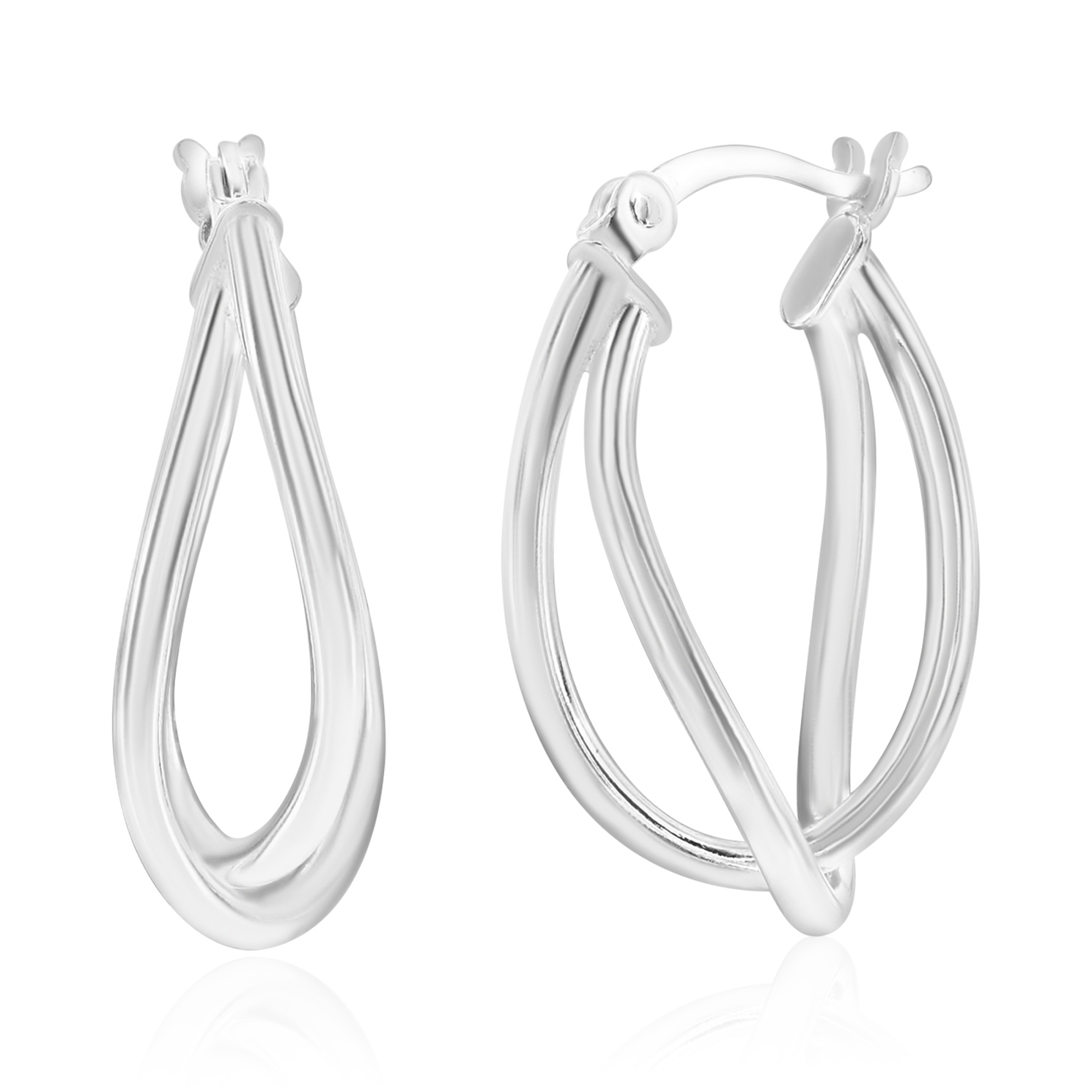 Silver hoop earrings with a twisted oval design and hinge clasp closure.
