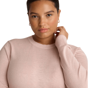 A person wearing a light pink long-sleeve knit top with a crew neckline and gold hoop earrings.