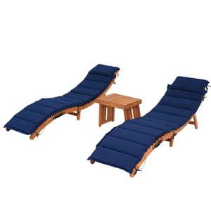 The 3pc Cushioned Lounge Chair Patio Set includes two curved wooden lounge chairs with navy blue cushions and a small matching wooden side table in between.