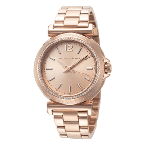 A Michael Kors rose gold-tone watch featuring a round case, crystal-encrusted bezel, and a matching metal link bracelet.