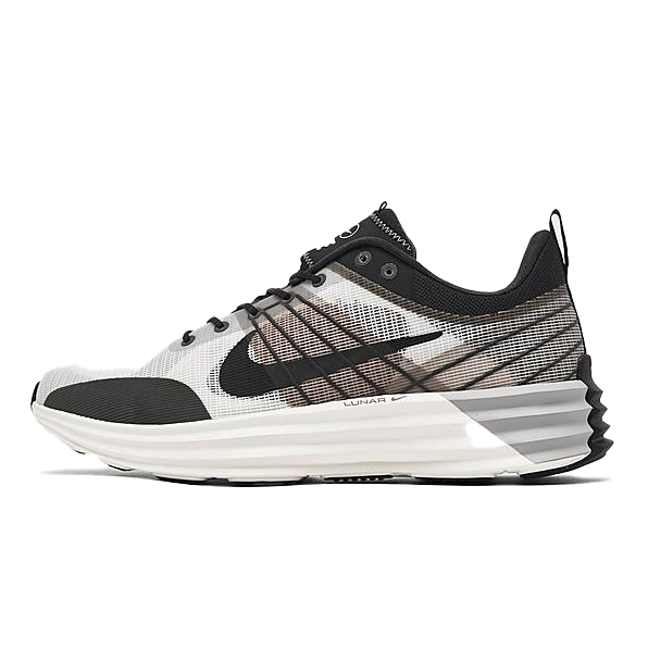 Black and white Nike sneaker with a mesh design, featuring the Swoosh logo and a cushioned Lunarlon sole.