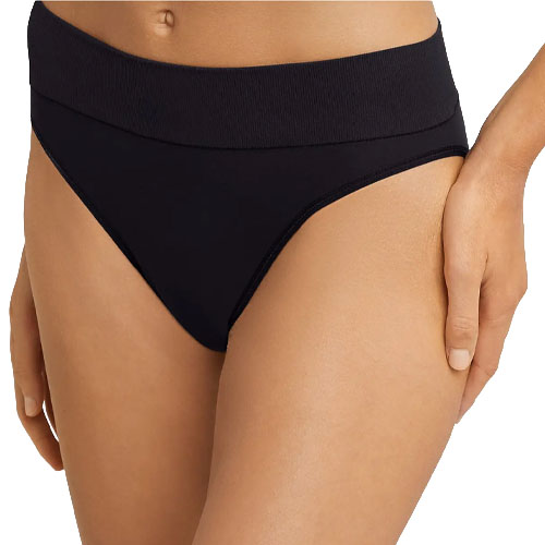 A black high-waisted bikini bottom with a ribbed waistband is shown. It features a sleek, minimalist design and provides moderate coverage.