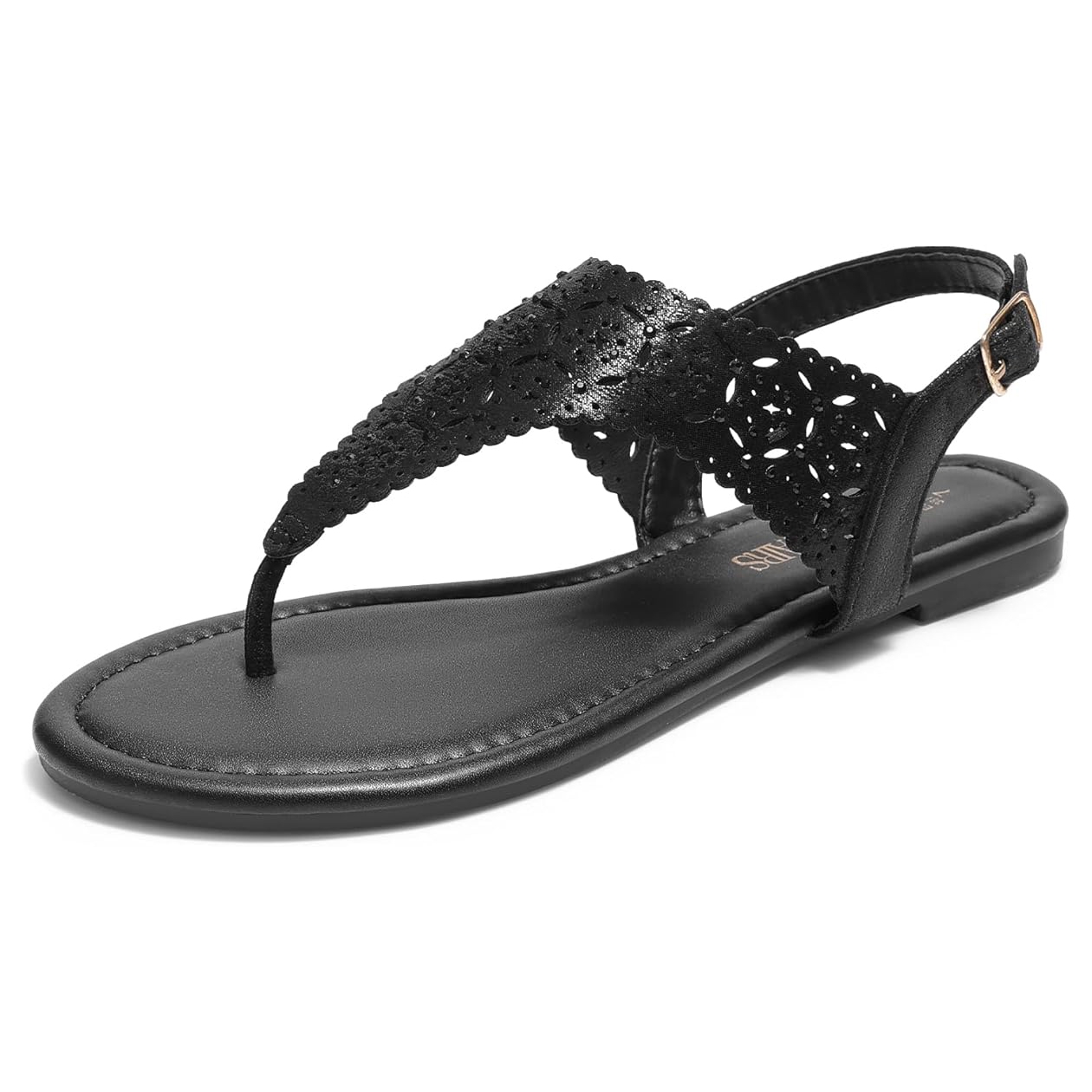 Black T-strap thong sandals featuring a decorative perforated design, adjustable ankle strap with a small buckle, and a flat sole for casual wear.